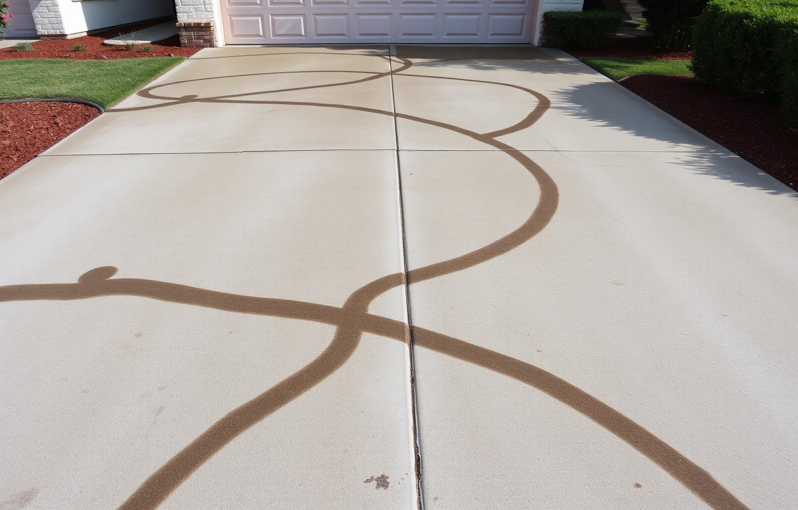 Southern California driveway before pressure washing — heavy tire stains and grime