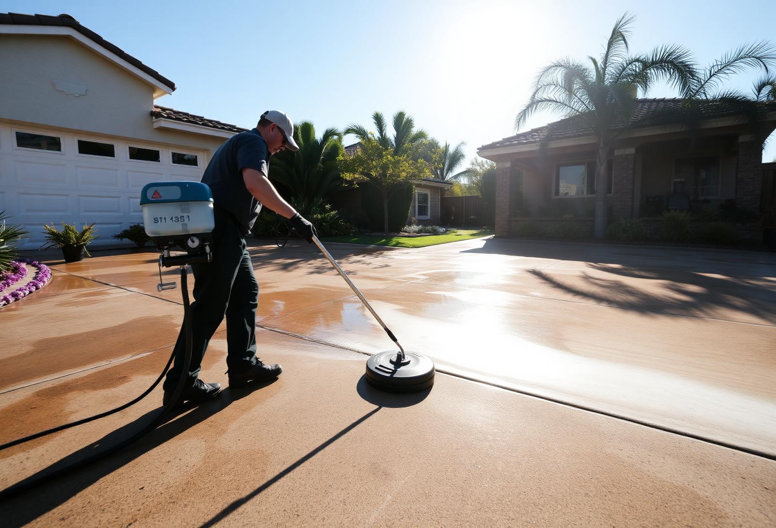 A freshly pressure washed concrete driveway in Southern California