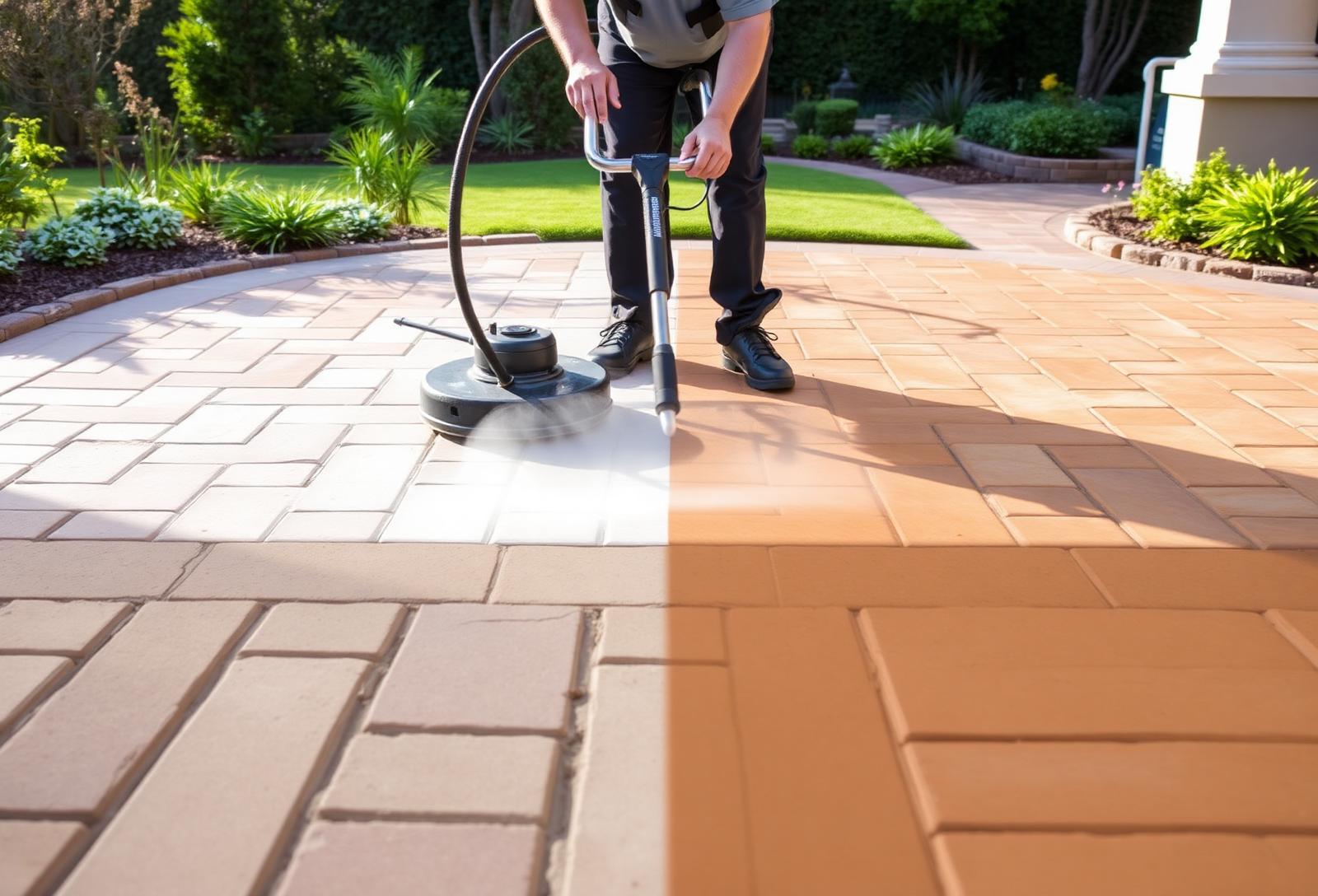 Concrete driveway being professionally cleaned and restored