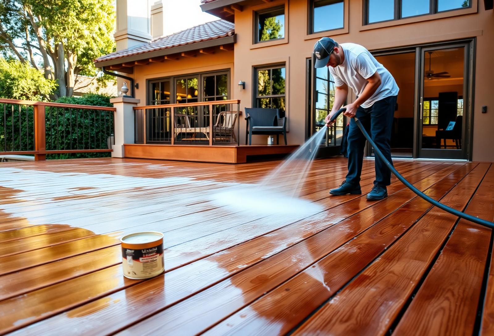 Wood deck being cleaned and restored