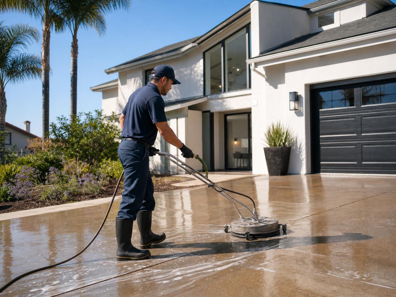 Aqua Professional Services technician cleaning a residential driveway and home exterior