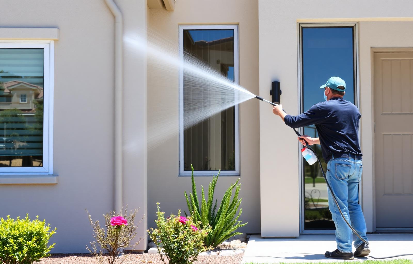 Soft washing being applied to a residential exterior wall