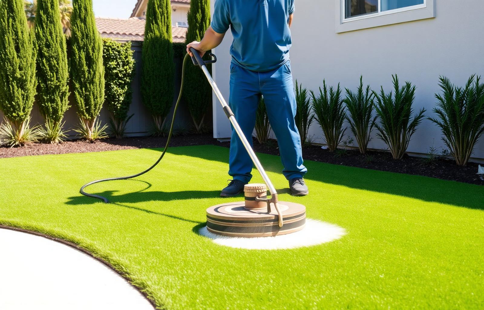 Freshly cleaned artificial turf lawn at a Southern California home